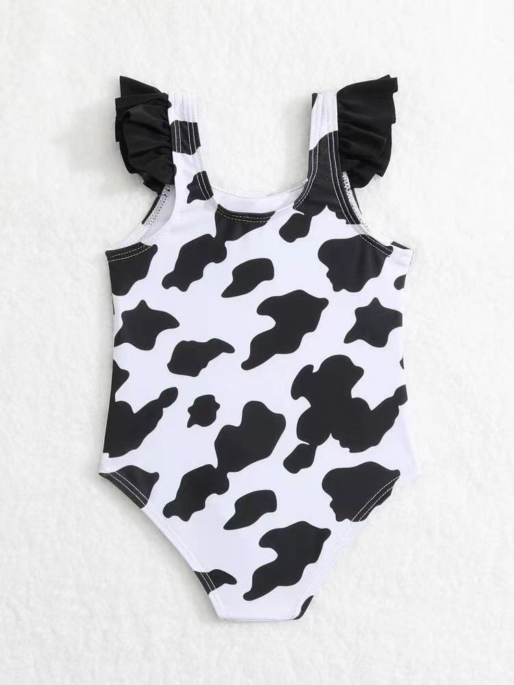 Baby Girls Ruffles Dairy Cow Black and White Bow Swimwear