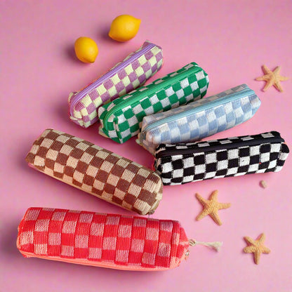 Checkerboard Knitted Large Capacity Wool Pencil Bag