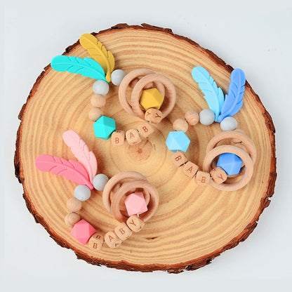 Baby Wooden Teether Bracelet Rattle Silicone Bead Micro Stick TOY