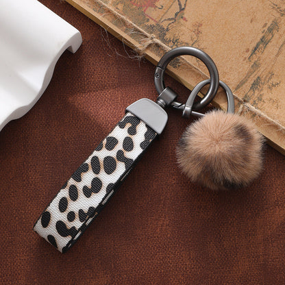 Leopard Print Fur Ball Leather Keychain