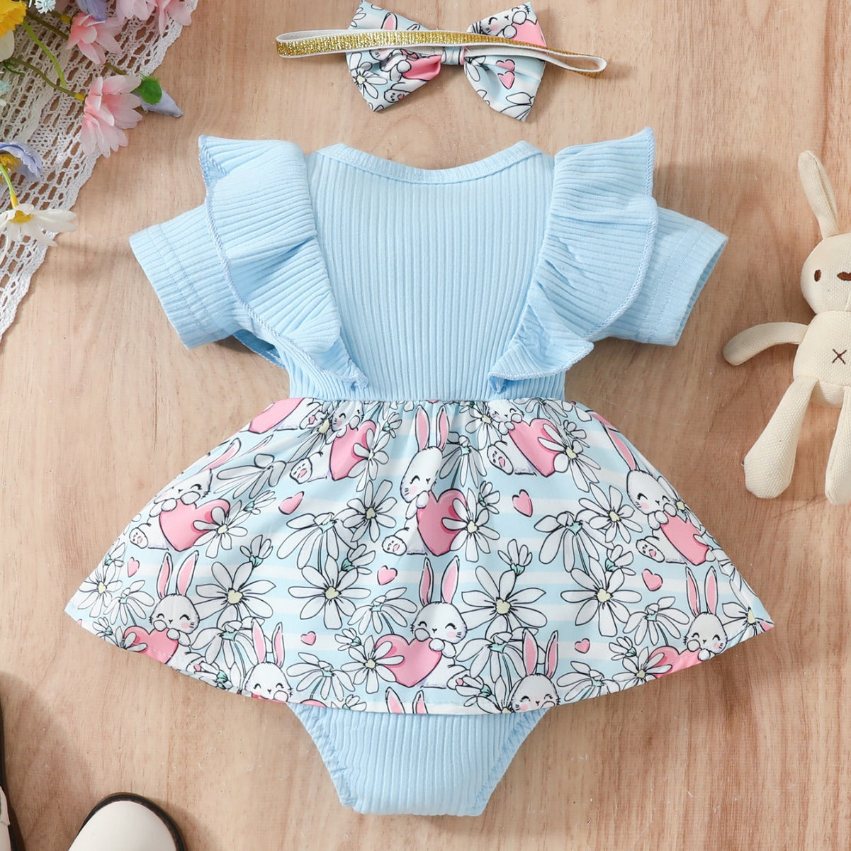 Easter Cotton Baby One Piece Rabbit Ripple Bow Dress
