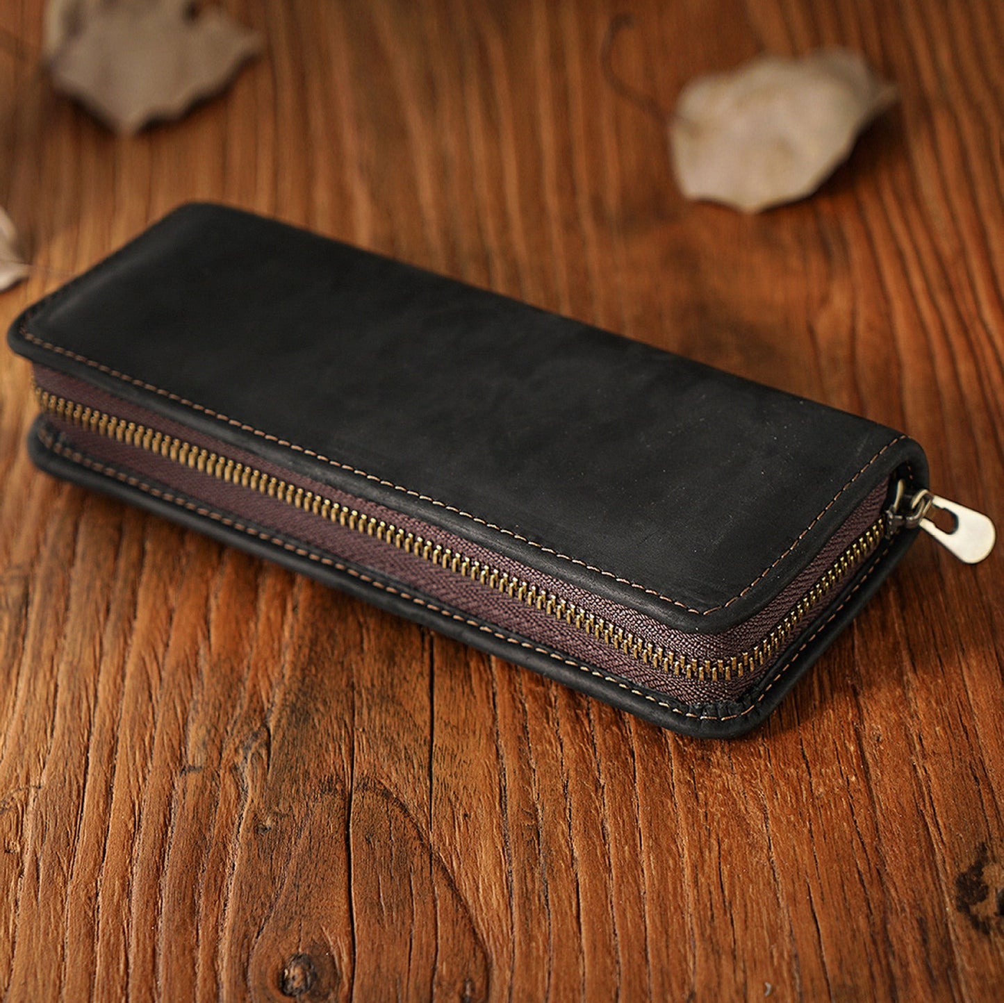 First Layer Cowhide Retro Square Men's Zipper Pencil Case