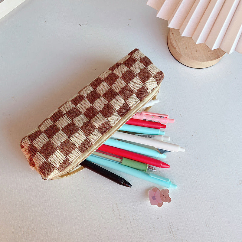 Checkerboard Knitted Large Capacity Wool Pencil Bag