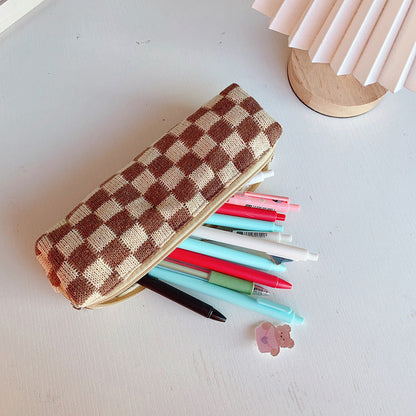 Checkerboard Knitted Large Capacity Wool Pencil Bag