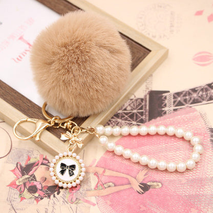 Imitation Rex Rabbit Fur Ball Pearl Chain Bow