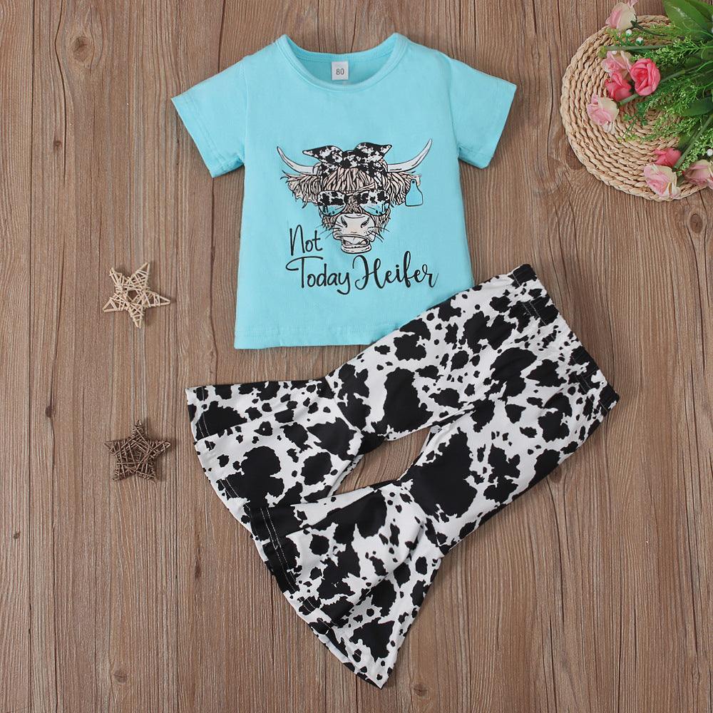 Children's Western Style Short Sleeve Pants Cow Head Suit