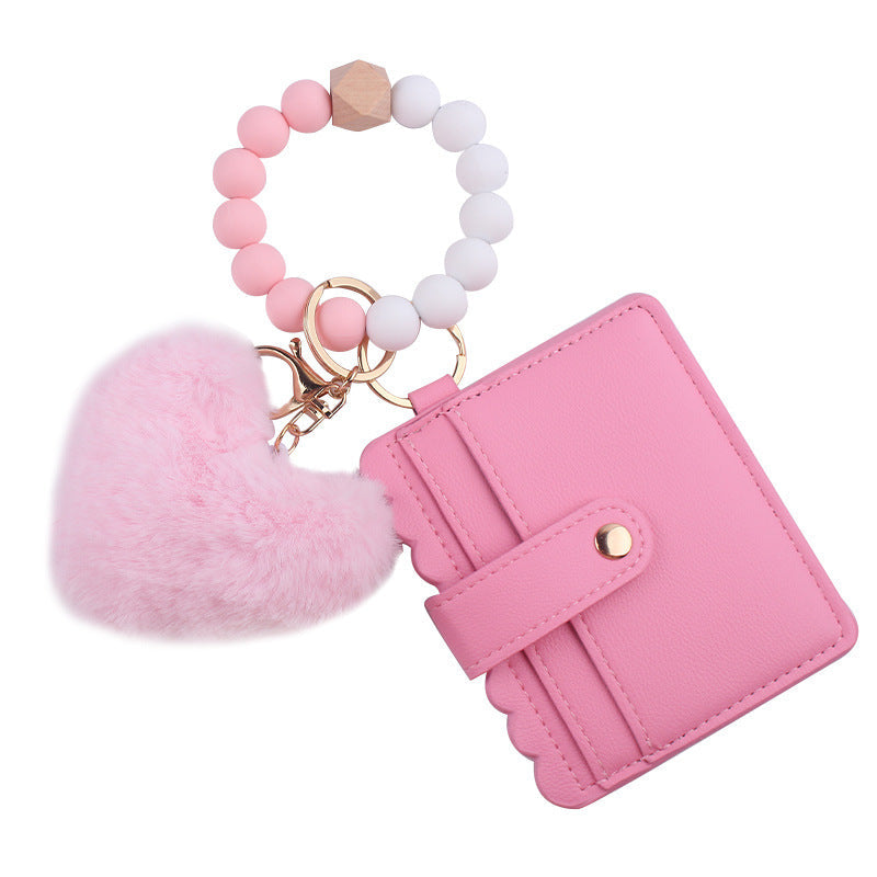 Heart Shape Fur Ball Card Holder Silicone Beaded