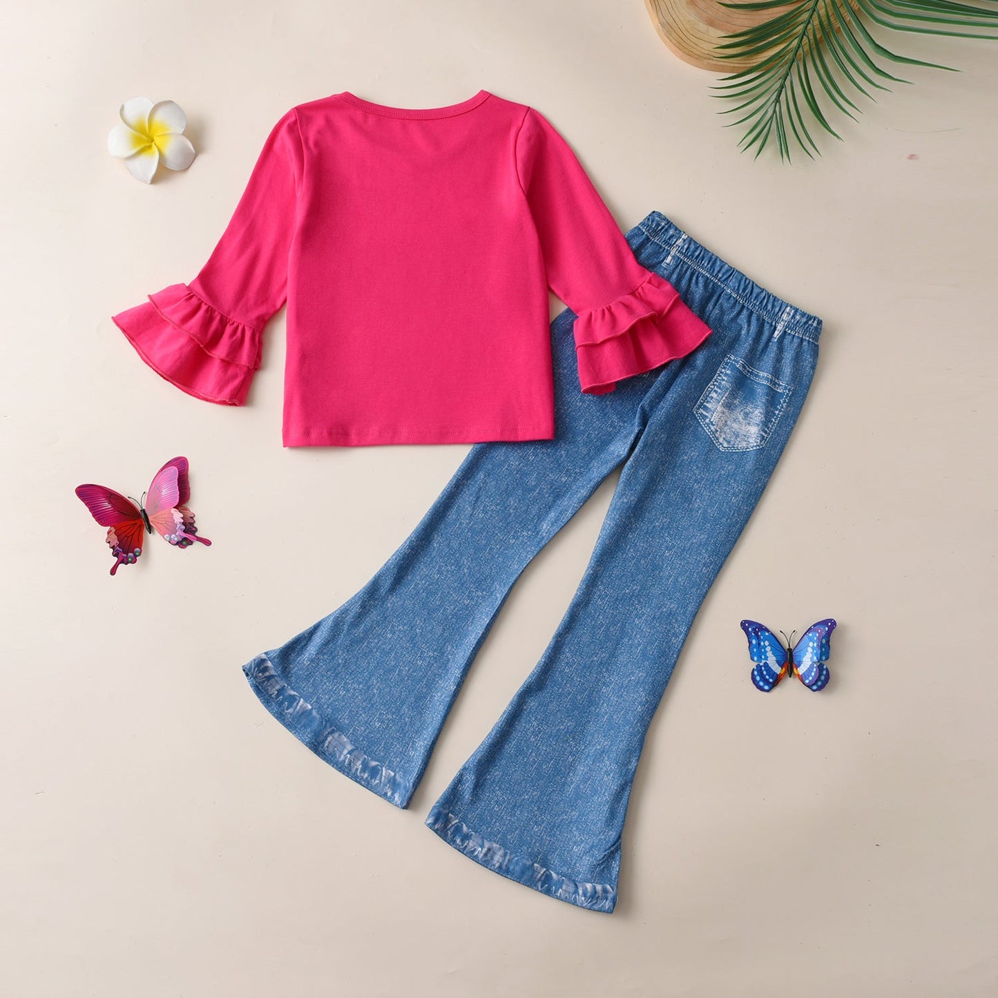 Wholesale Cotton Children's Long Sleeve Butterfly Sweatshirt Imitation Denim Bell Pants Suit