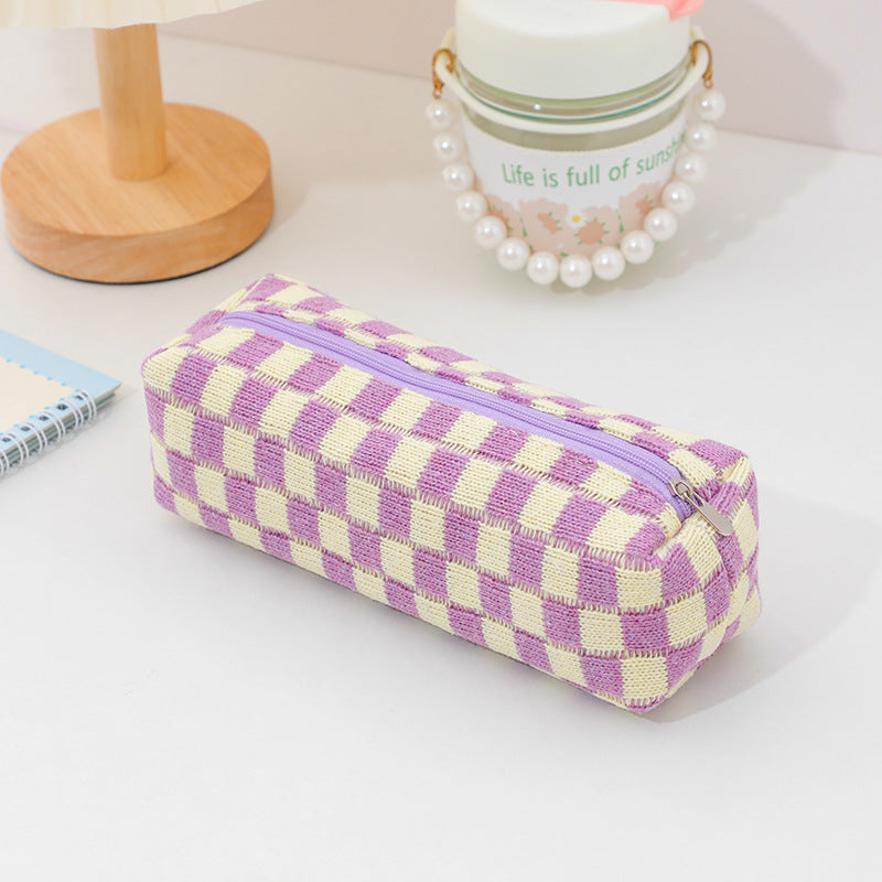 Plush Knitted Wool Checkerboard Pencil Case