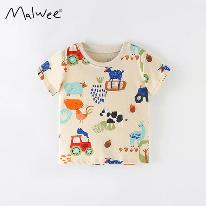 Handsome boys' cartoon cotton short sleeve boys' round neck T-shirt