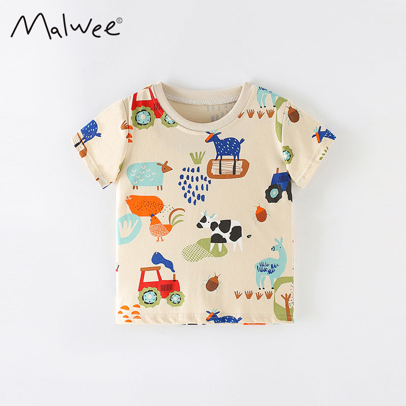 Handsome boys' cartoon cotton short sleeve boys' round neck T-shirt