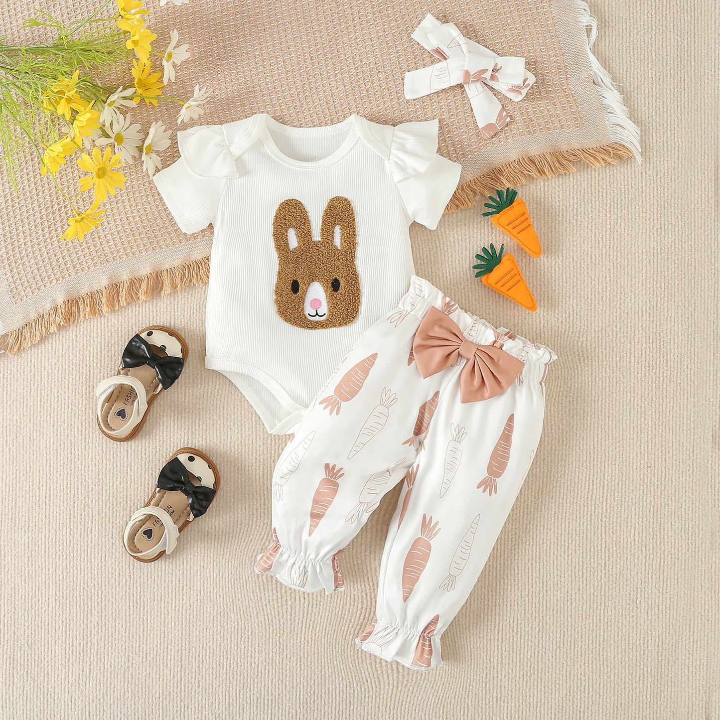 Easter Rabbit Embroidered Harper T-shirt Pants Cotton Set