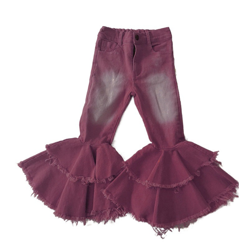 Polyester Slim Fit Kids Girls Jeans Double Layer Flares