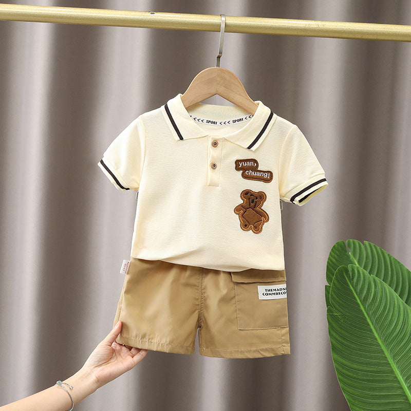 Kids Summer Bear Polo Shirt Two-Piece Set