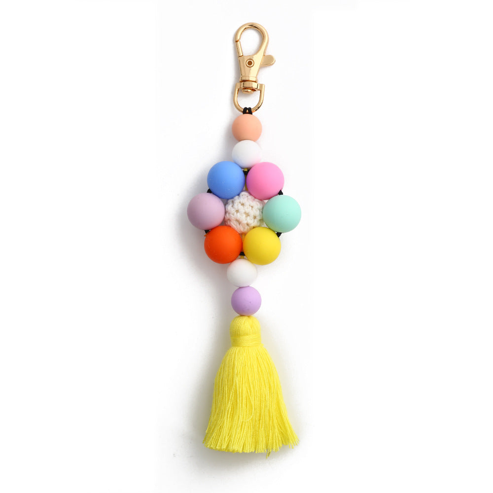 Leopard Print Sunflower Silicone Beaded Tassel Keychain