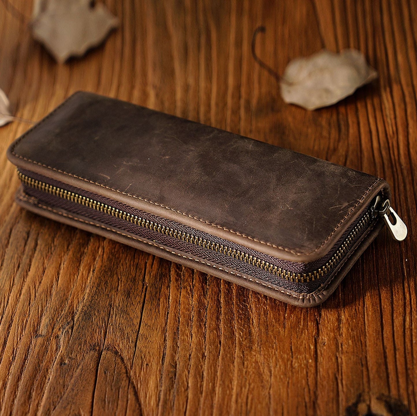 First Layer Cowhide Retro Square Men's Zipper Pencil Case
