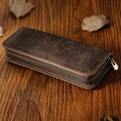 First Layer Cowhide Retro Square Men's Zipper Pencil Case
