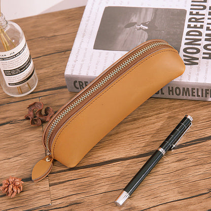 Cowhide Solid Color Zipper Stationery Bag Pencil Case Large Capacity