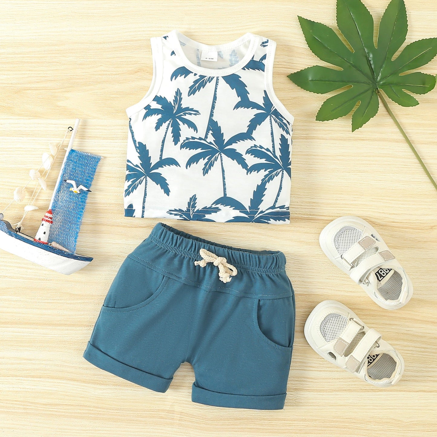Summer Beach Style Printed Tank Top Shorts Cotton Baby Set
