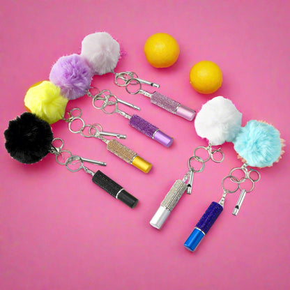 Fur Ball Rhinestone Perfume Bottle Whistle Combination Keychain