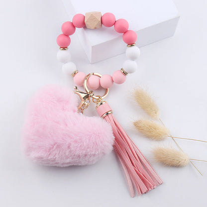 Heart Shape Fur Ball Tassel Silicone Beaded Wrist