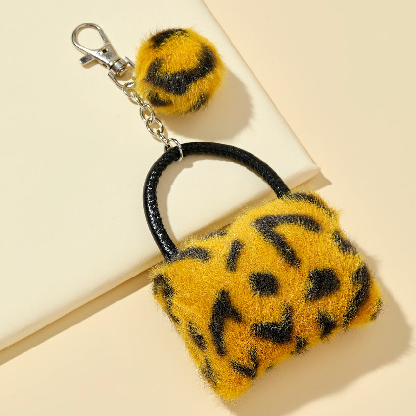 Leopard Print Solid Color Plush Small Bag Keychain