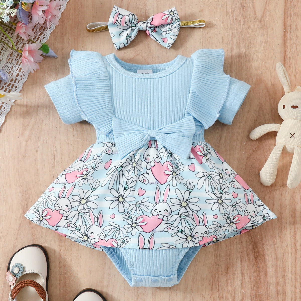 Easter Cotton Baby One Piece Rabbit Ripple Bow Dress