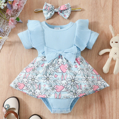 Easter Cotton Baby One Piece Rabbit Ripple Bow Dress