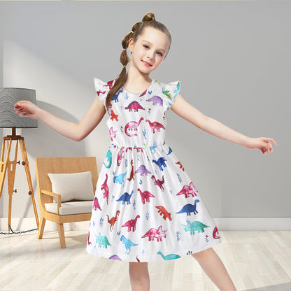 Wholesale Girls Colorful Dinosaur Dress Cotton Baby Clothes