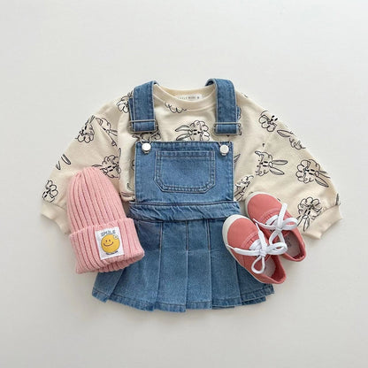 Cotton Children's Waist Denim Vest Skirt Pleated Skirt