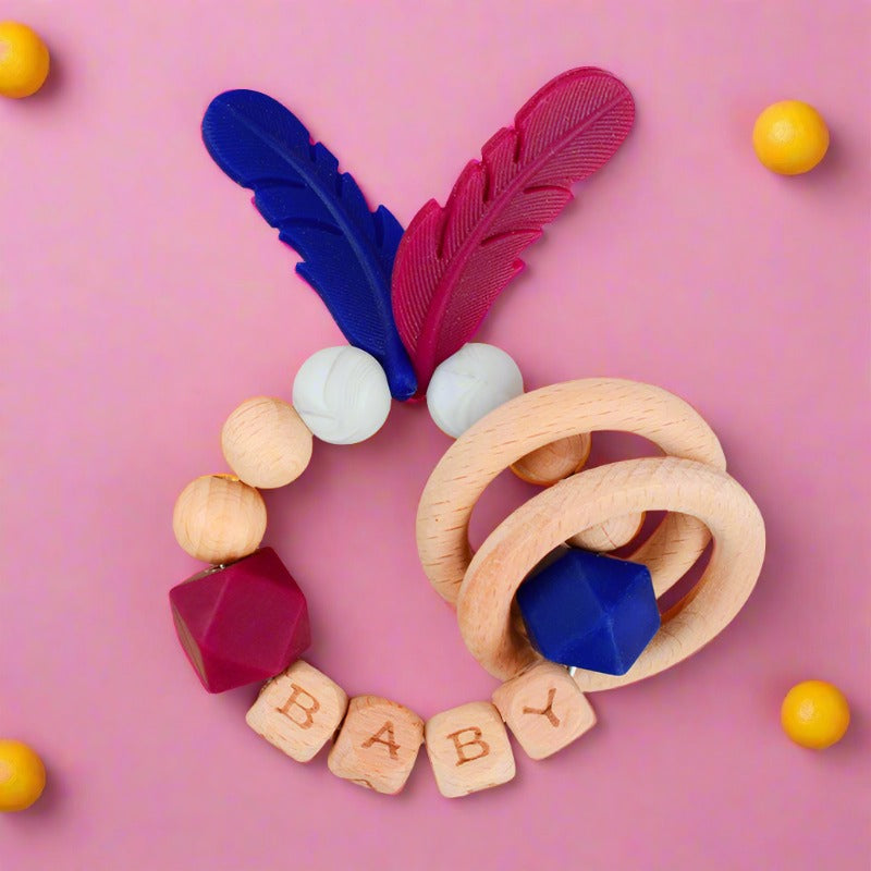 Baby Wooden Teether Bracelet Rattle Silicone Bead Micro Stick TOY