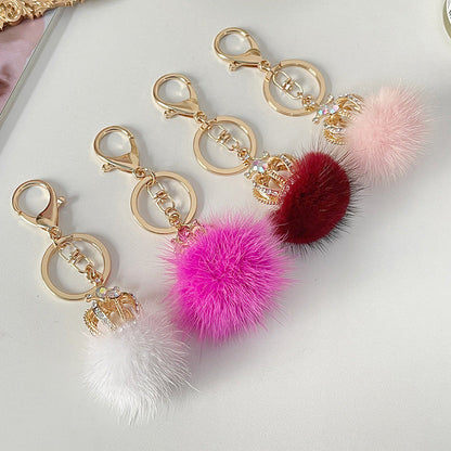 Diamond Studded Mink Fur Ball Crown Keychain