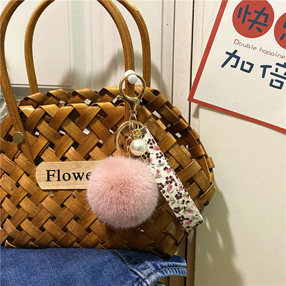 Plush Floral Ribbon Pom Keychain