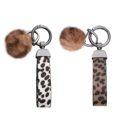 Leopard Print Fur Ball Leather Keychain