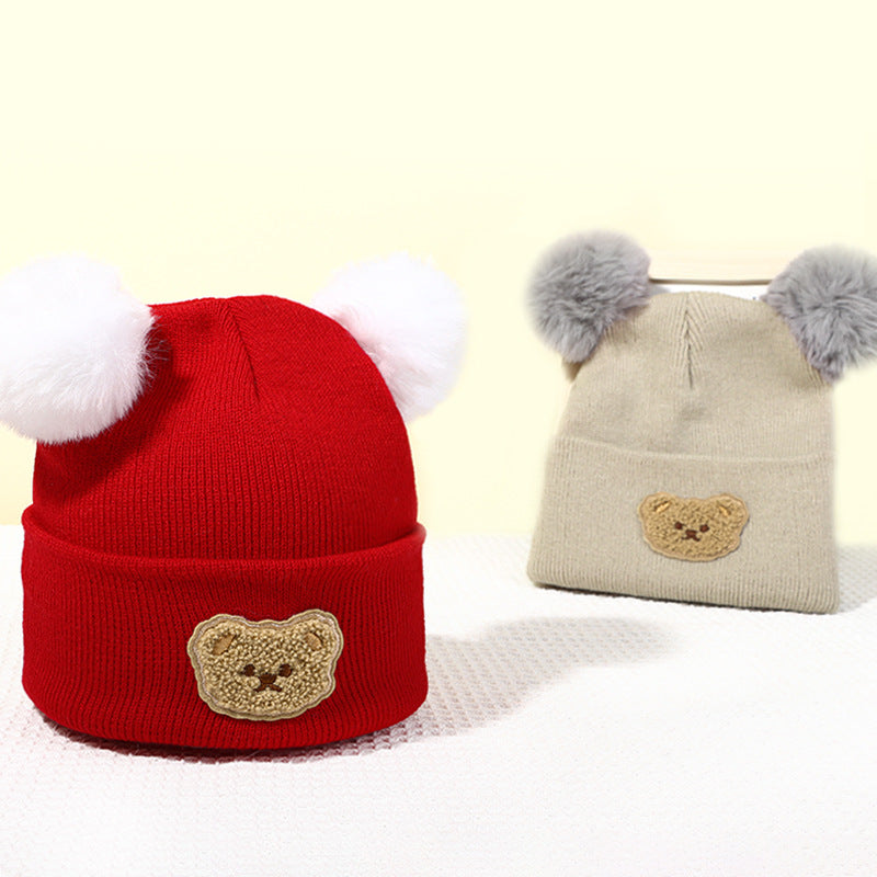 Wholesale Children's Fur Ball Knitted Hat Bear Embroidered Warm Woolen Hat