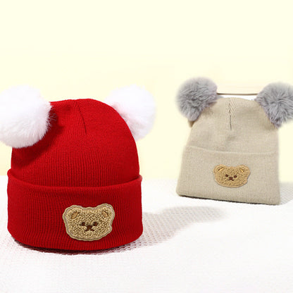 Wholesale Children's Fur Ball Knitted Hat Bear Embroidered Warm Woolen Hat