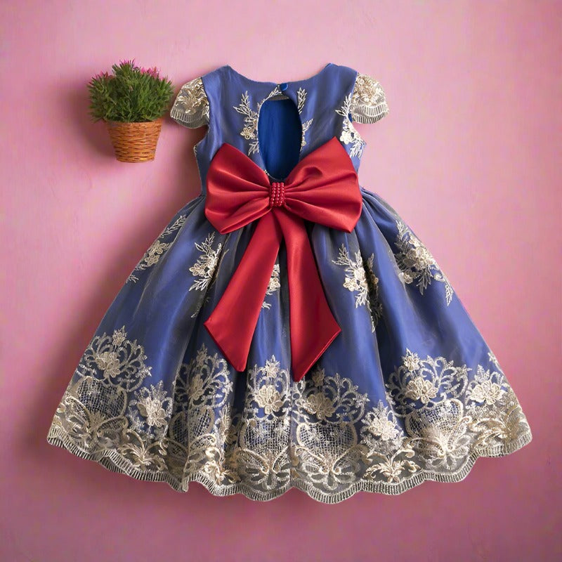 Polyester Girls Dress Bow Embroidered Princess Dress