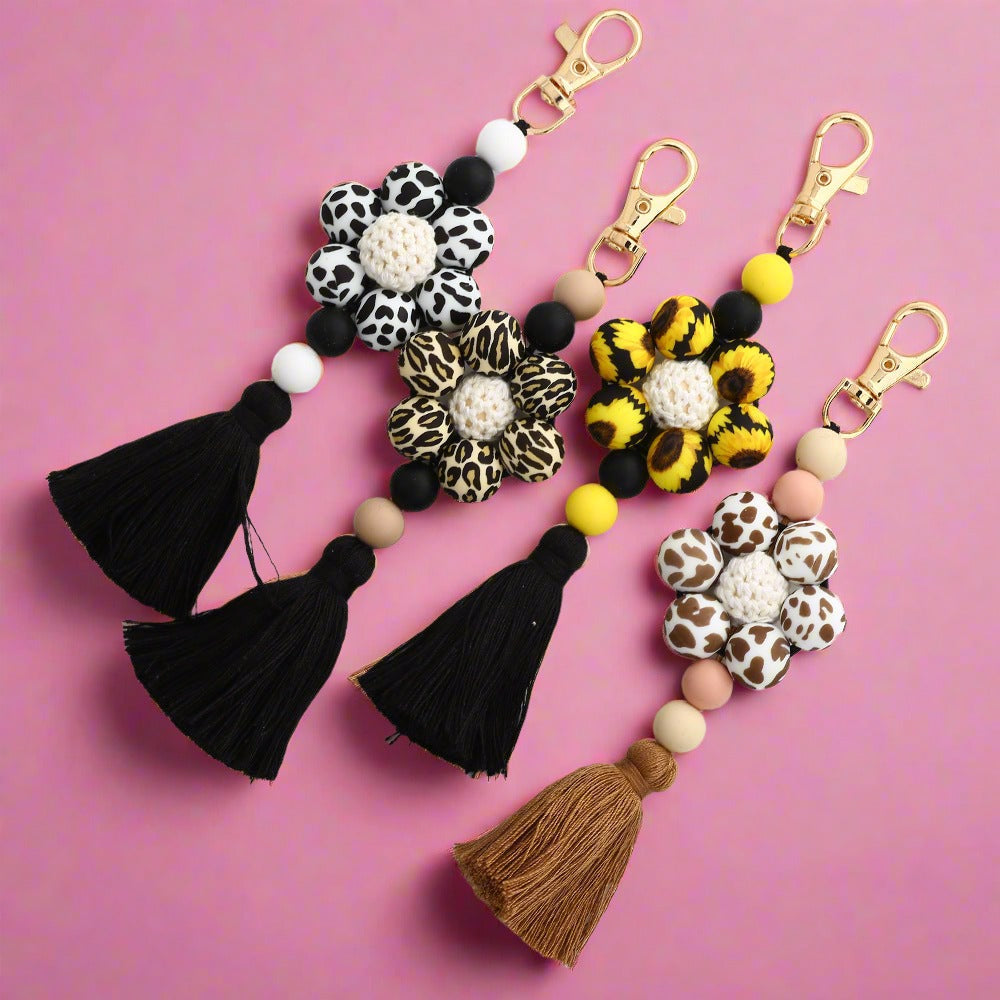 Leopard Print Sunflower Silicone Beaded Tassel Keychain