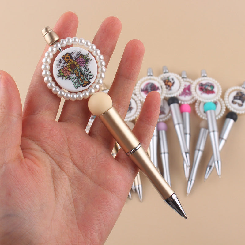 Cartoon Round Print Beaded Gold Silver Plastic Ballpoint
