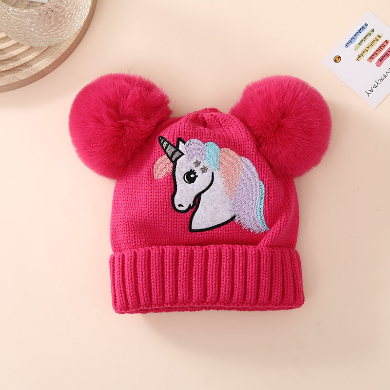 Children's Winter Knitted Hat Unicorn Double Ball Woolen Hat