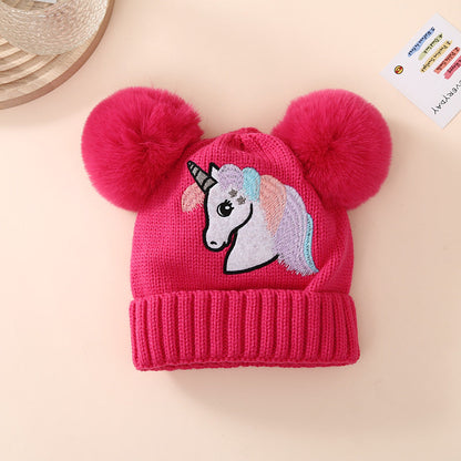 Children's Winter Knitted Hat Unicorn Double Ball Woolen Hat