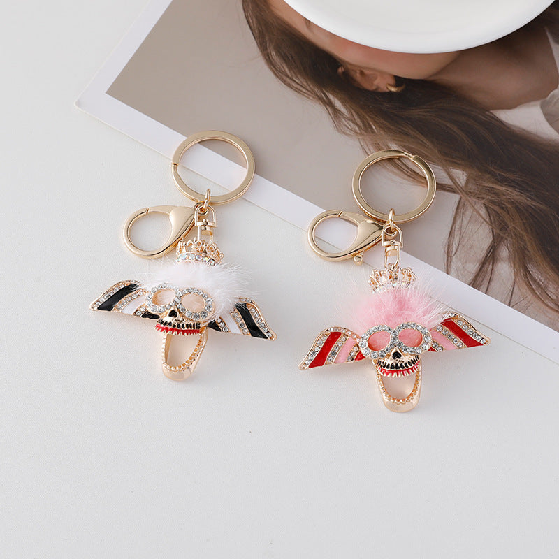 Diamond Inlaid Plush Skull Metal Keychain