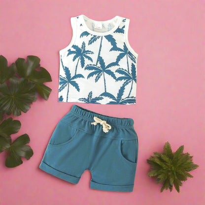 Summer Beach Style Printed Tank Top Shorts Cotton Baby Set