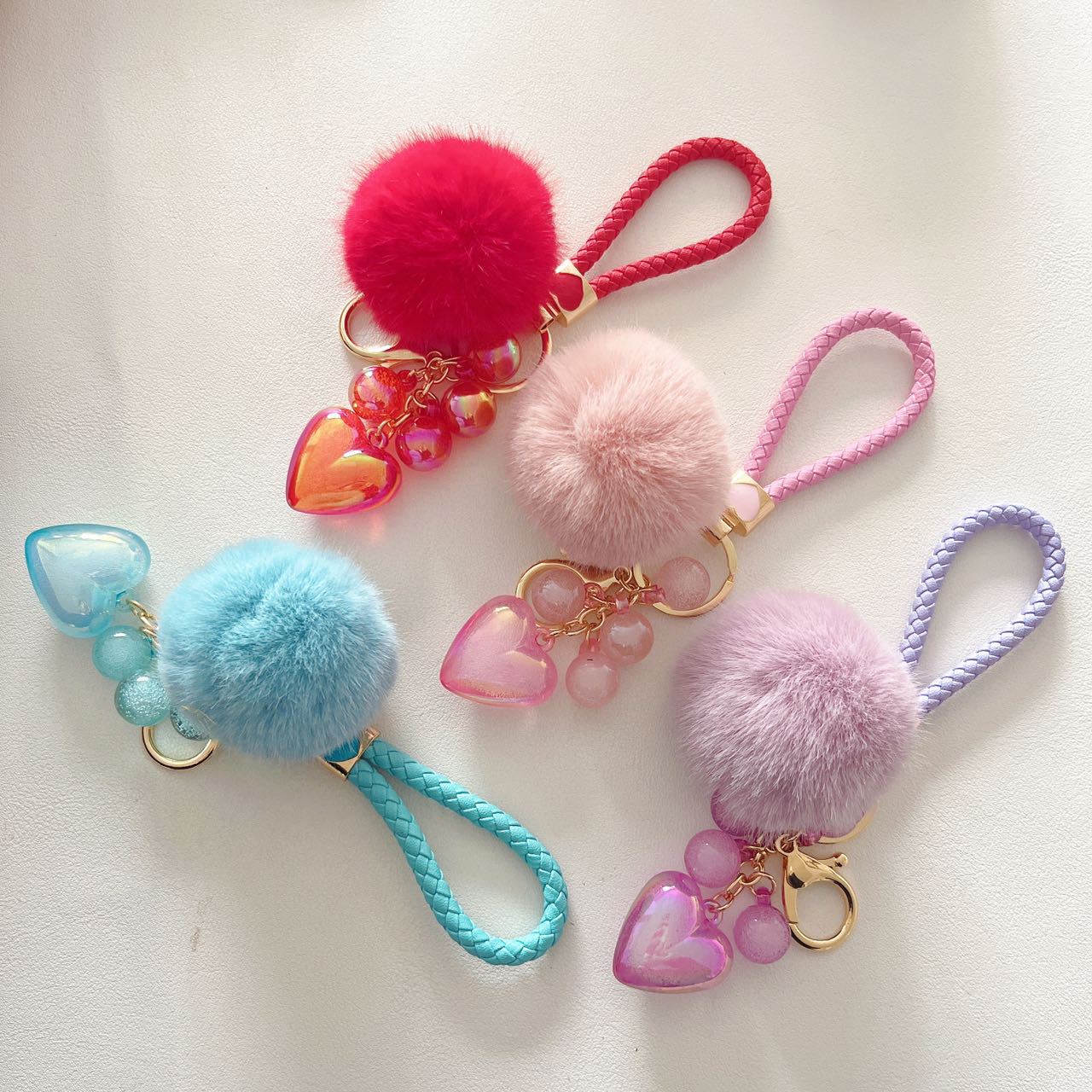 Cute Acrylic Resin Beaded Love Fur Ball Keychain