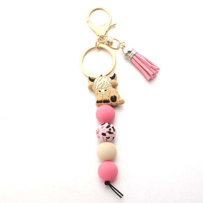 Cartoon West Highland Cow Silicone Beaded Keychain