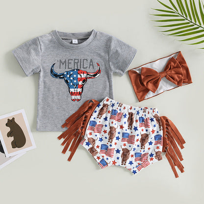 Cotton Independence Day Bull Head T-Shirt Tassel Shorts Set