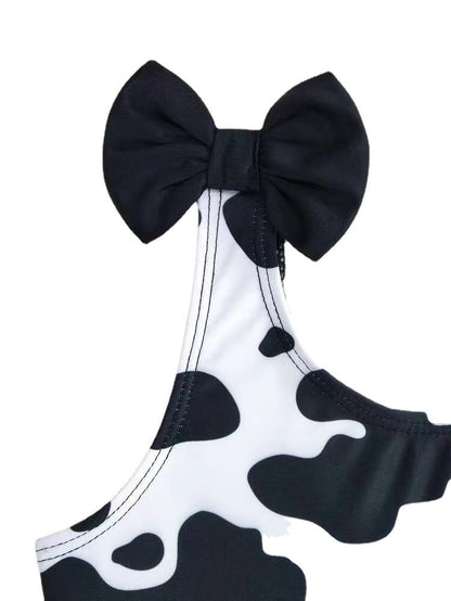 Baby Girls Ruffles Dairy Cow Black and White Bow Swimwear