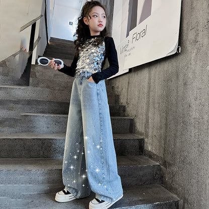 Wholesale Cotton Medium To Large Children's Slimming Sequin Top Two-piece Set