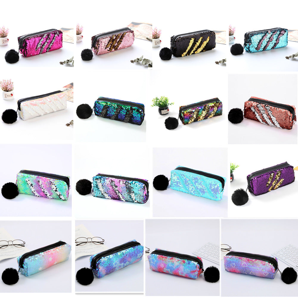 Fur Ball Sequin Pencil Case Cosmetic Bag