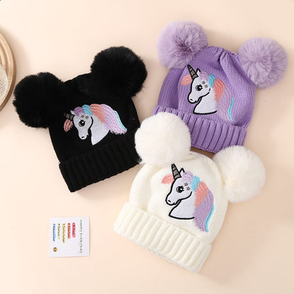 Children's Winter Knitted Hat Unicorn Double Ball Woolen Hat